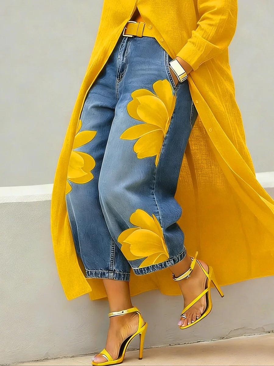 Women’s Loose Wide-Leg Printed Trousers – Comfortable Elegant Casual Pants Yellow CJ Dropshipping Wide Leg Painted Floral Jeans