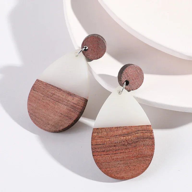 White Resin Wood Geo Drop-shaped Earrings Bazaare Mart Resin Wood Earrings