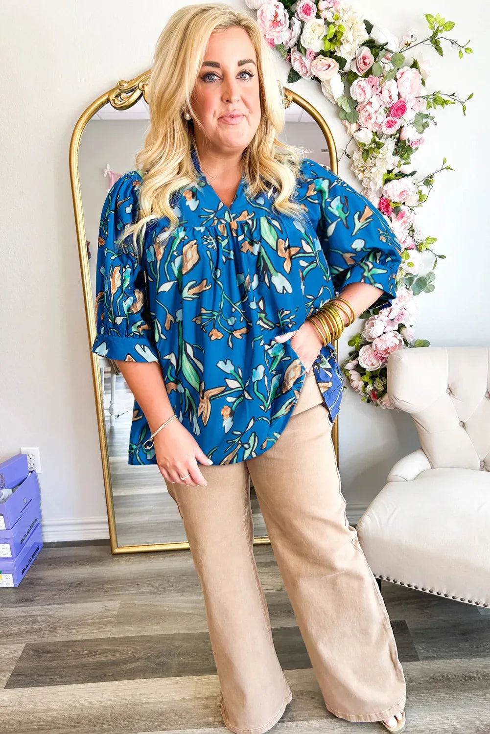 Blue Floral Notched V Neck Half Sleeve Blouse Bazaare Mart Plus Size/Plus Size Tops/Plus Size Blouses & Shirts