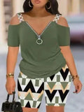 Cold Shoulder Zipper Short Sleeve Top with Shorts Set Army Green Bazaare Mart Shorts Set