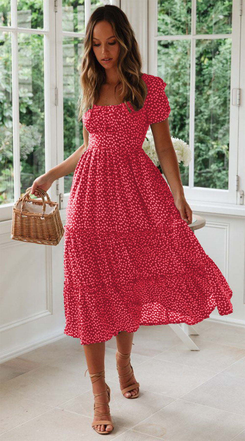 Short Puff Sleeve Floral Tiered Dress Red CJ Dropshipping Ditsy Tiered Peasant Dress