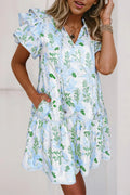 Floral Contrast Edge Ruffle Sleeve Tie Neck Mini Dress Sky Blue Shewin Short Dresses