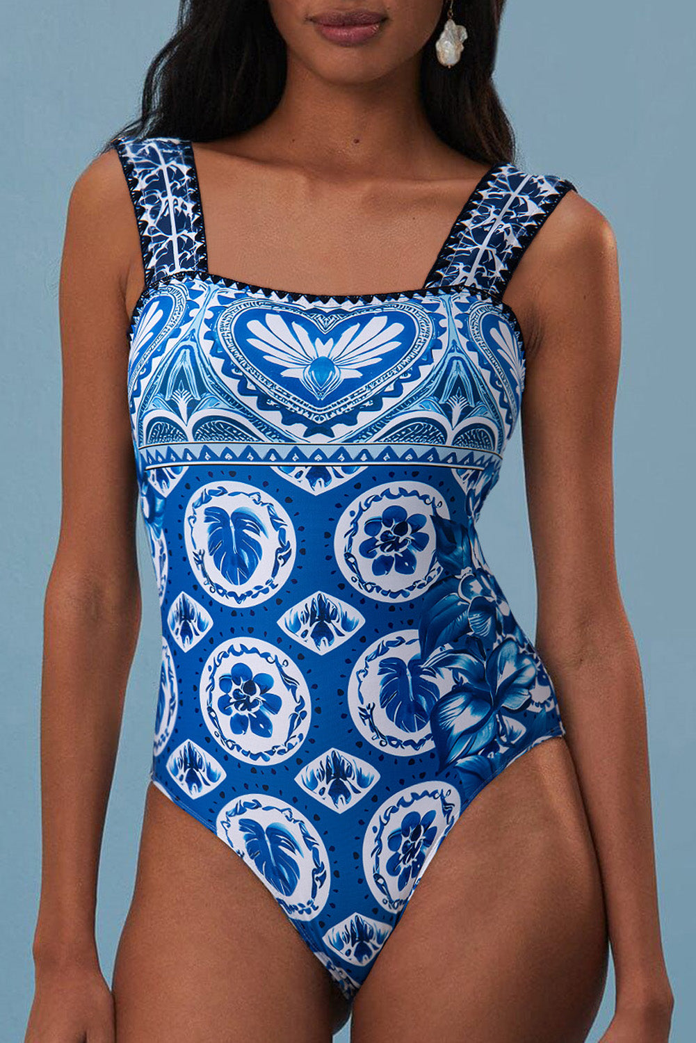 Blue Floral Wide Strap One Piece Swimsuit