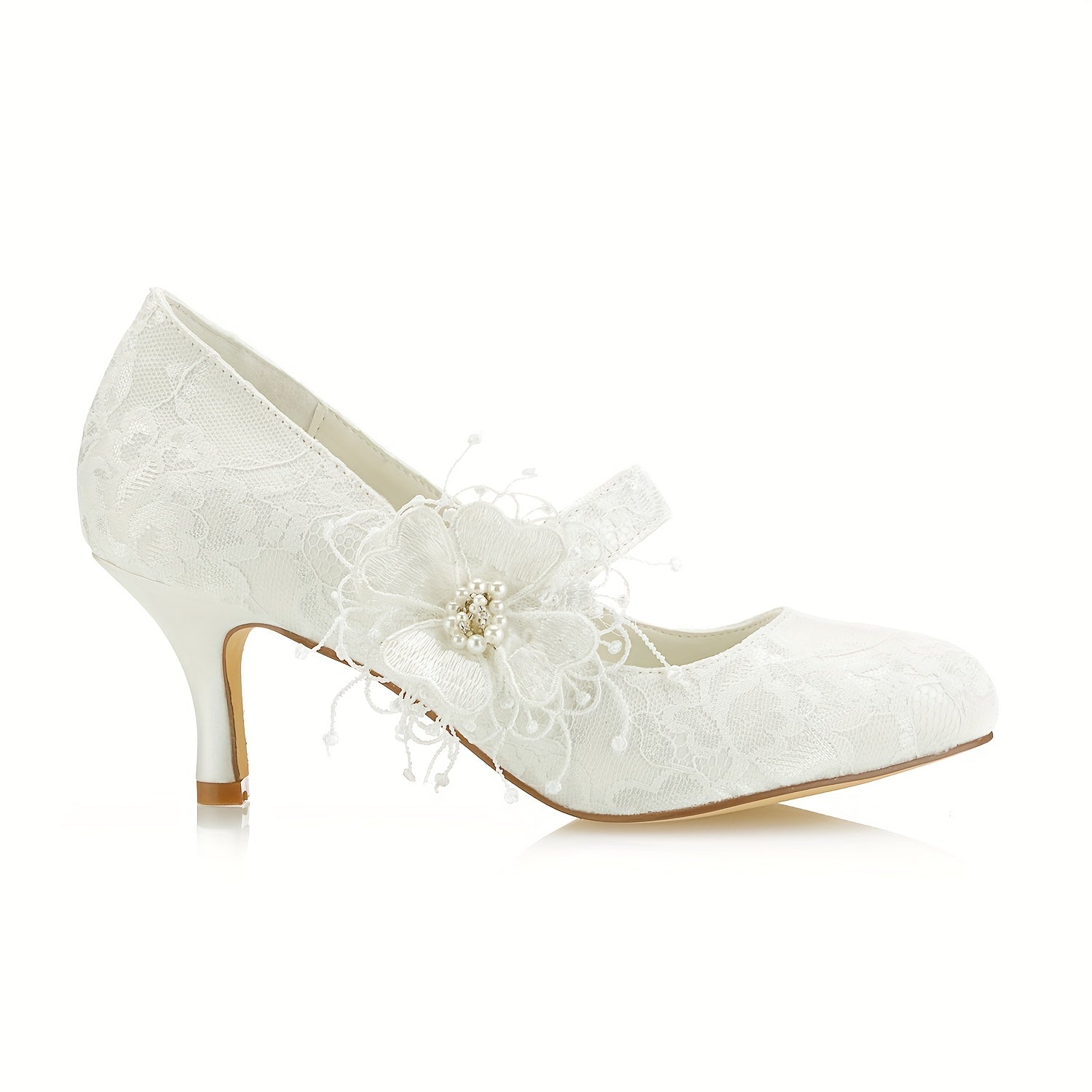 Ivory Lace Floral Mid Heel Bridal Shoes