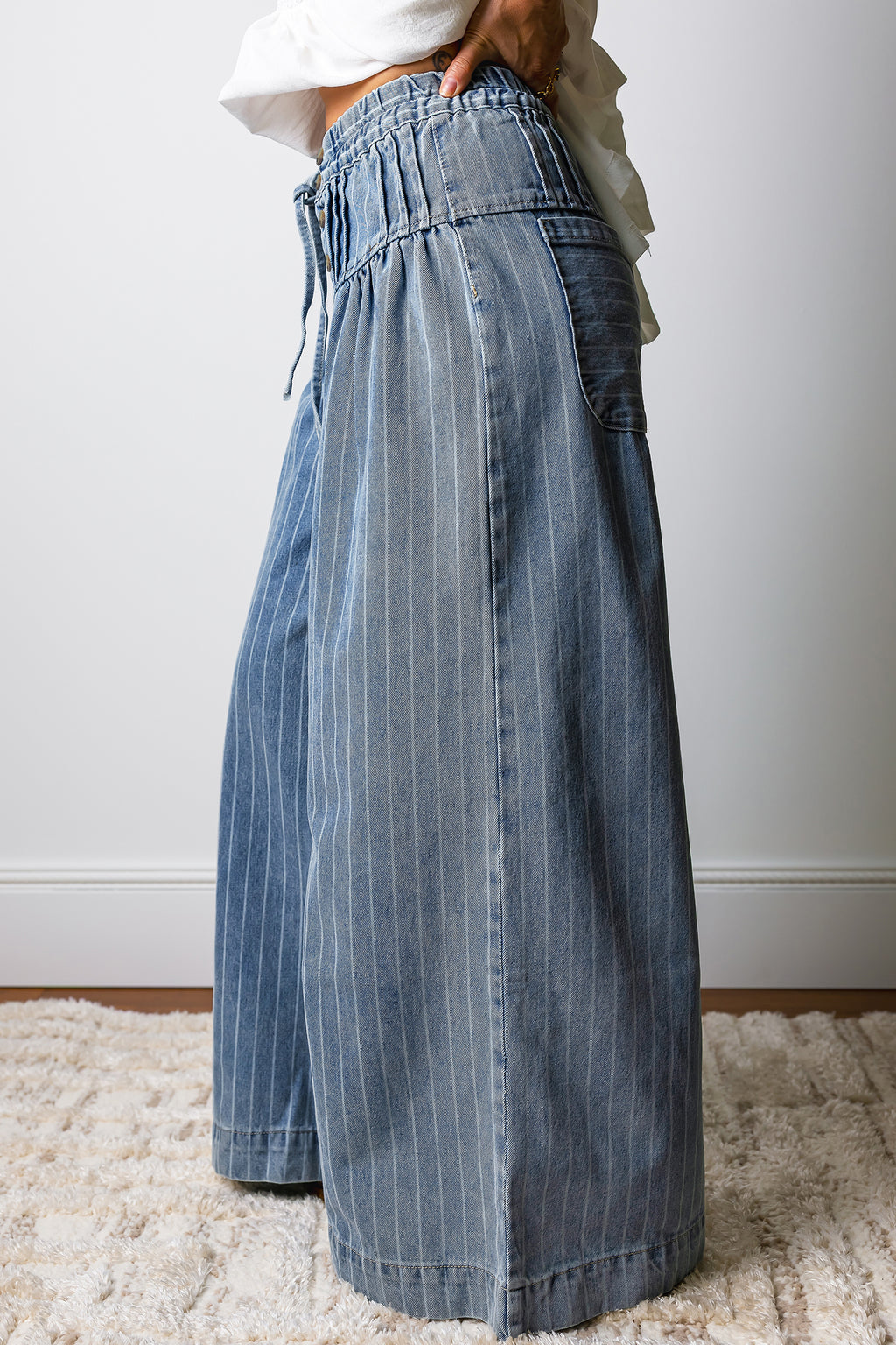 Sky Blue Stripe Button Pleated Drawstring Waist Casual Wide Leg Jeans Dear-Lover Dropshipping Bottoms/Jeans