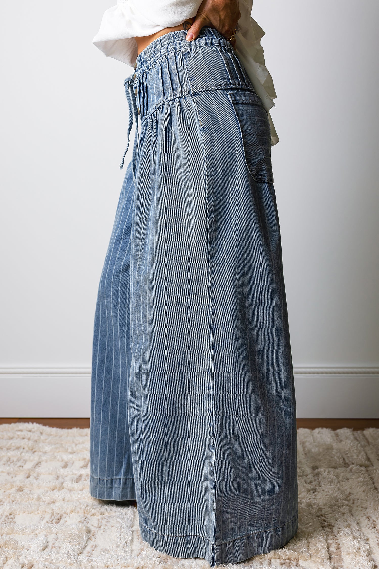 Sky Blue Stripe Button Pleated Drawstring Waist Casual Wide Leg Jeans Dear-Lover Dropshipping Bottoms/Jeans