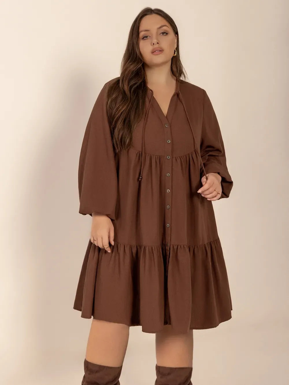 Brown Long Balloon Sleeve Tiered Dress Bazarre Mart Brown Tiered Dress