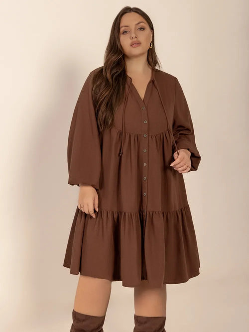 Brown Long Balloon Sleeve Tiered Dress Bazarre Mart Brown Tiered Dress