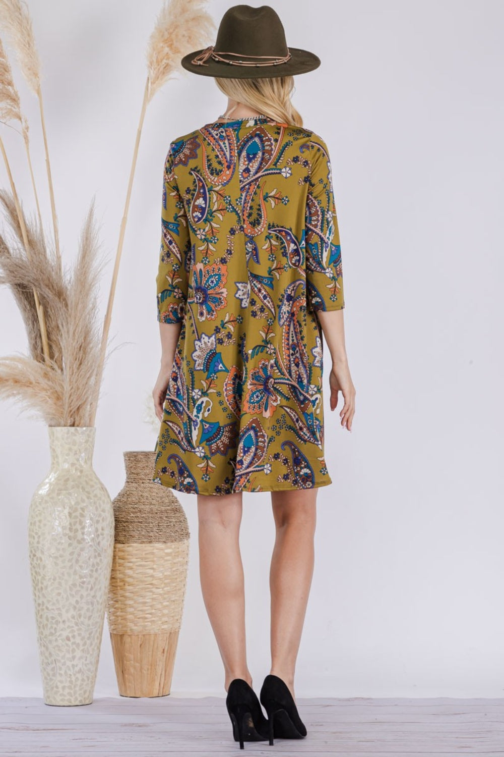 Paisley Print 3/4 Sleeve Dress with Pockets