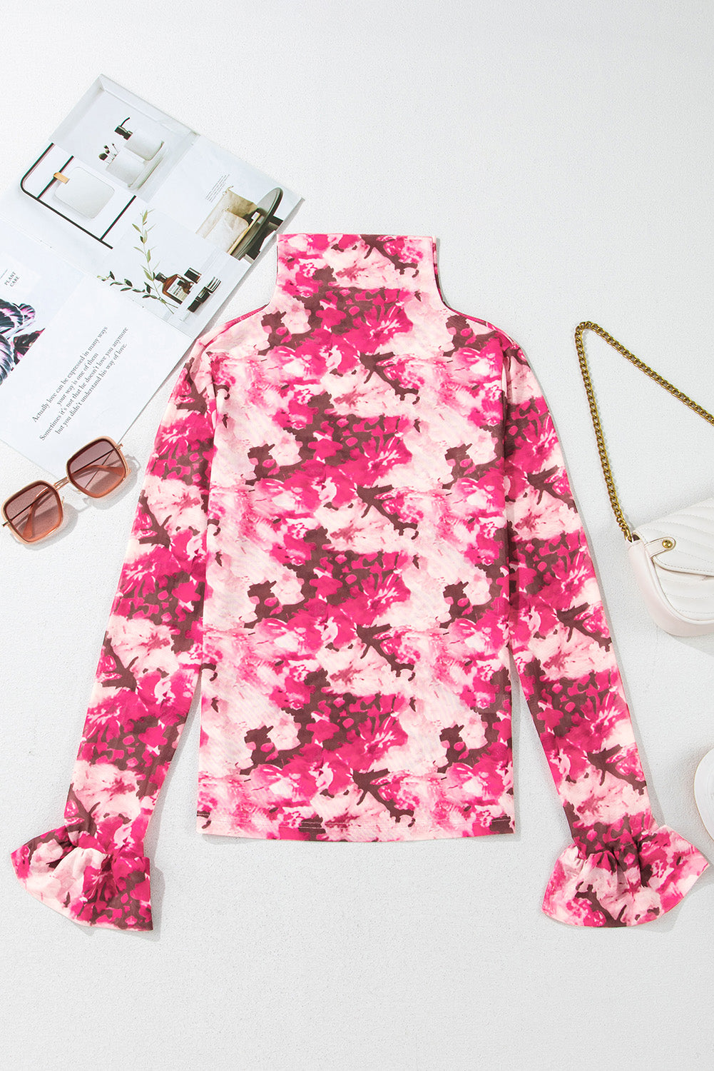 Floral Mesh Ruffle Sleeve Mock Neck Blouse
