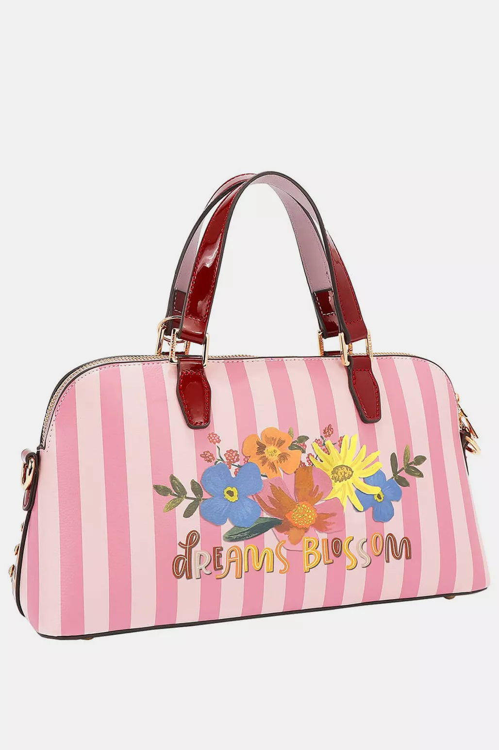 Pink striped back of  handbag with floral design and 'dreams blossom' text on it.