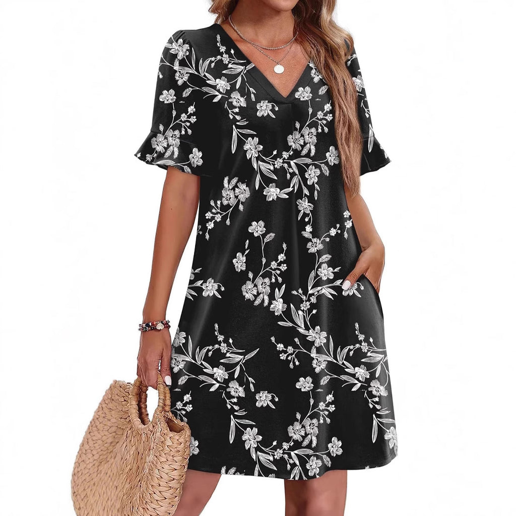 Casual V-neck Ruffled Half Sleeve Dress