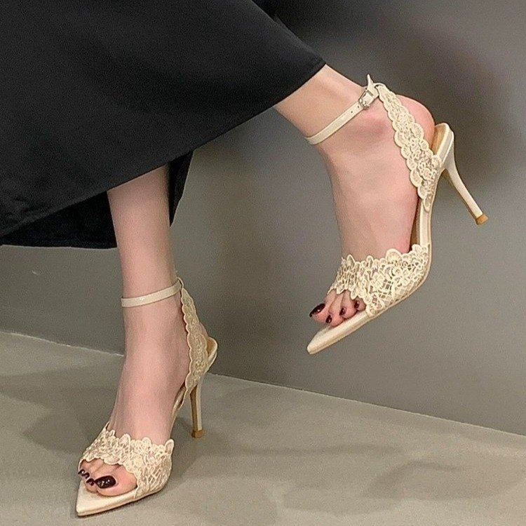 Women’s Lace Stiletto Heel Sandals – Pointed Open Toe CJ Dropshipping Lace High Heel Sandals