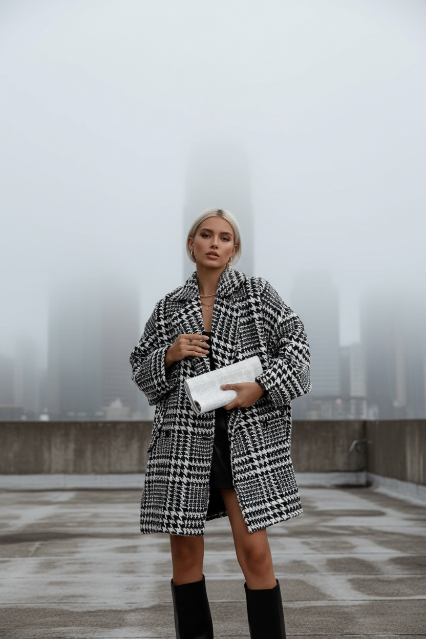 Baggy Plaid Houndstooth Coat Bazaare Mart Houndstooth Collared Neck Long Sleeve Coat