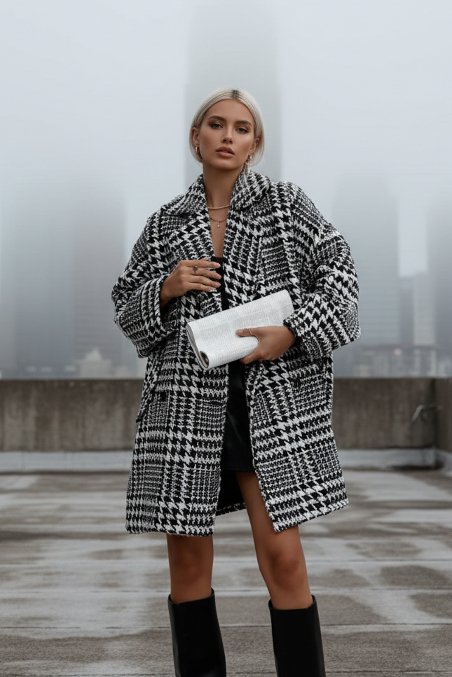Baggy Plaid Houndstooth Coat Bazaare Mart Houndstooth Collared Neck Long Sleeve Coat