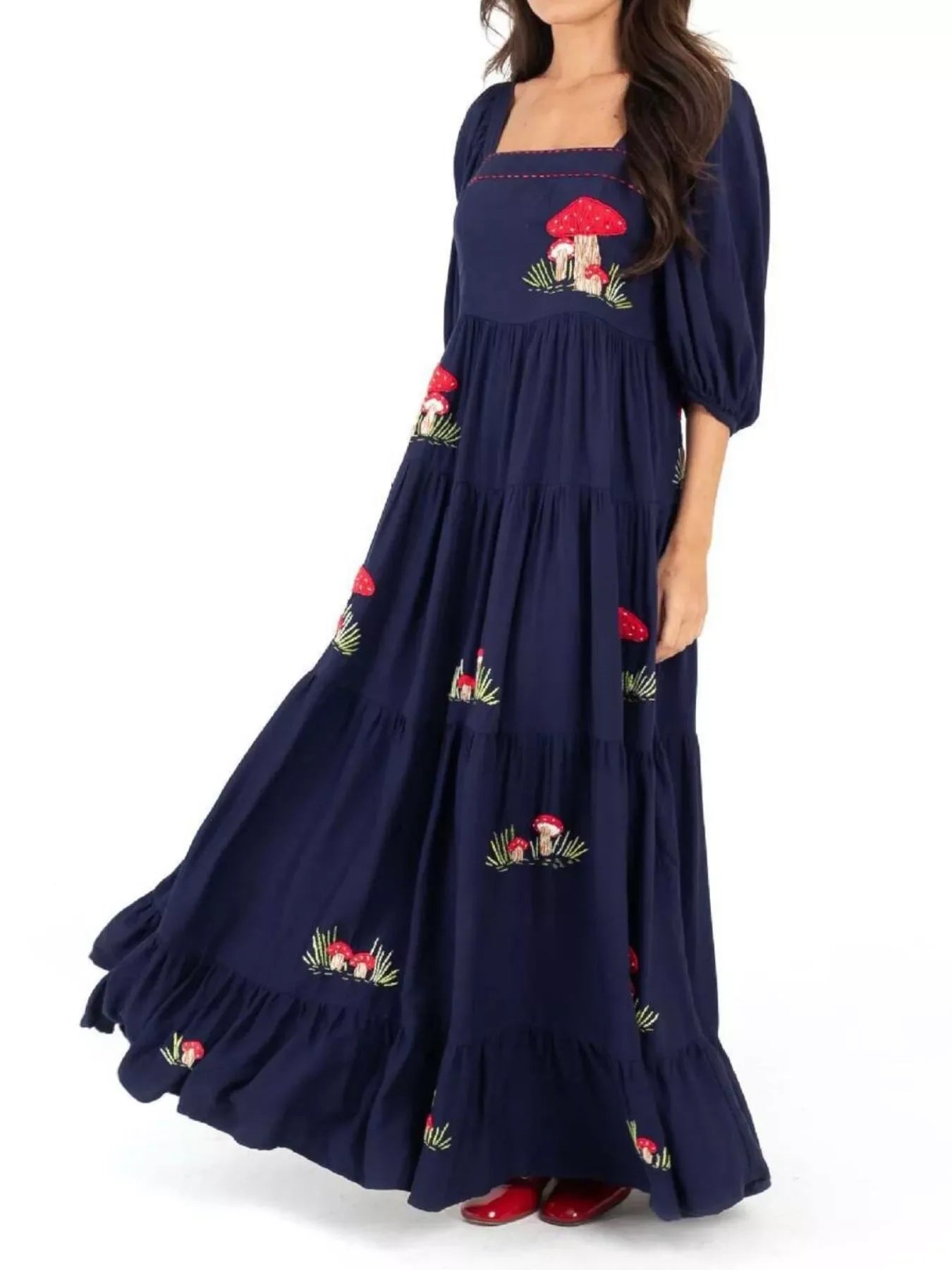 Square Neck Tiered Maxi Dress Dark Blue Bazaare Mart Embroidered Gingham Maxi Dress