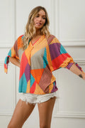 Colorful Geo Striped Jersey Blouse with Tied 3/4 Sleeves RED YELLOW GRN Bazaare Mart Geo Striped 3/4 Sleeve Top