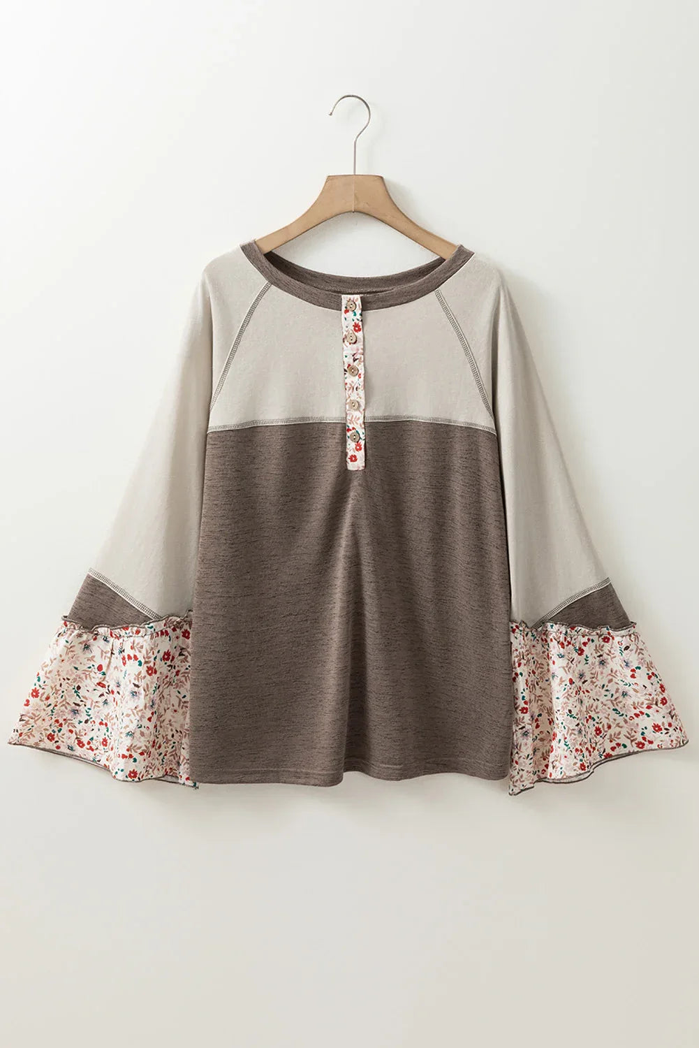 Floral Patchwork Flared Sleeve Henley Top Bazaare Mart Tops/Blouses & Shirts