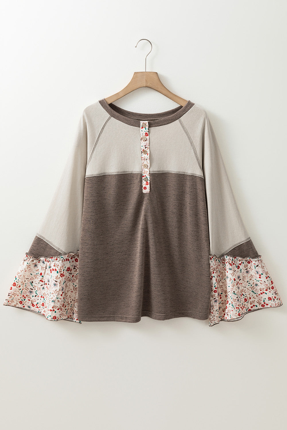 Floral Patchwork Flared Sleeve Henley Top