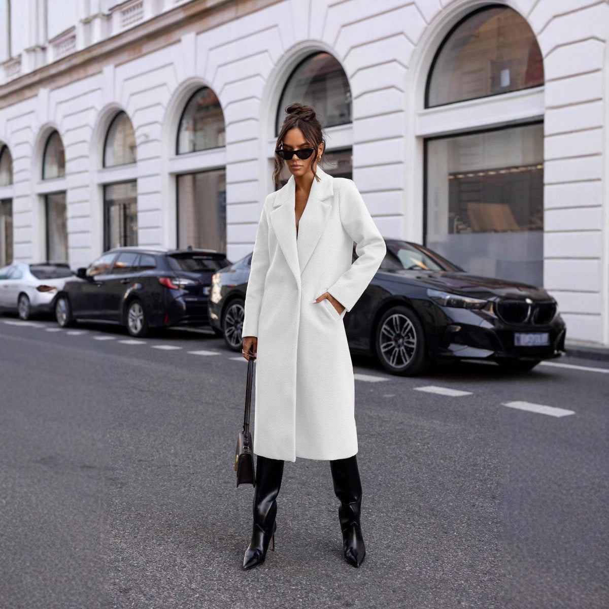 White Classic Mid-length Woolen Top Coat