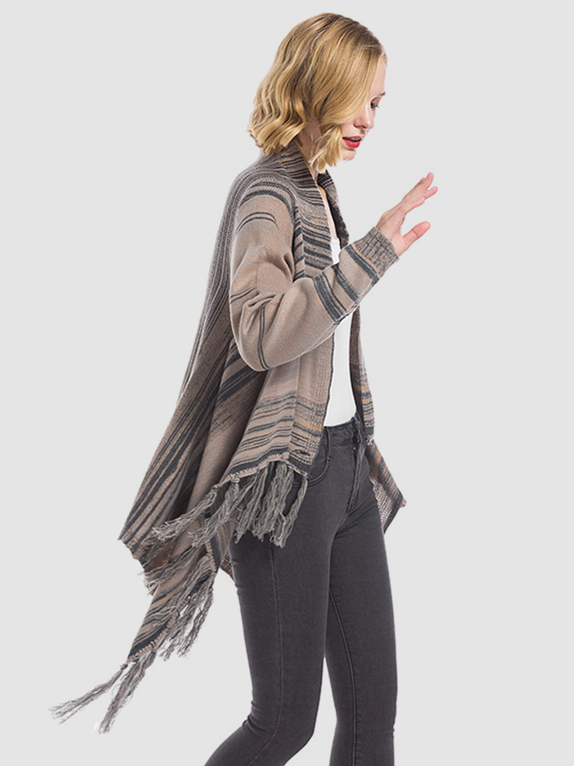 Tassel Striped Open Front Cardigan