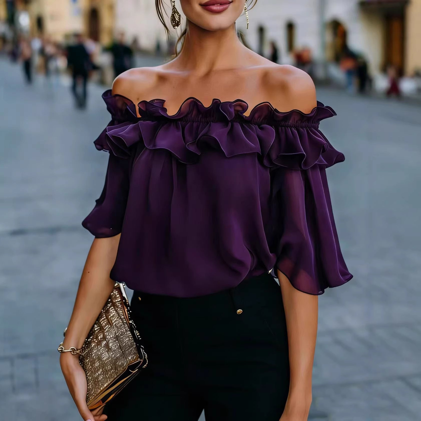 Women’s Ruffled Off-Shoulder Blouse – Loose Fit Elegant Short Sleeve Top Purple CJ Dropshipping Off Shoulder Blouse