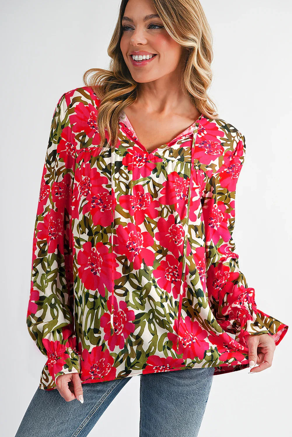 Red Floral Lace up V Neck Flounce Sleeve Blouse