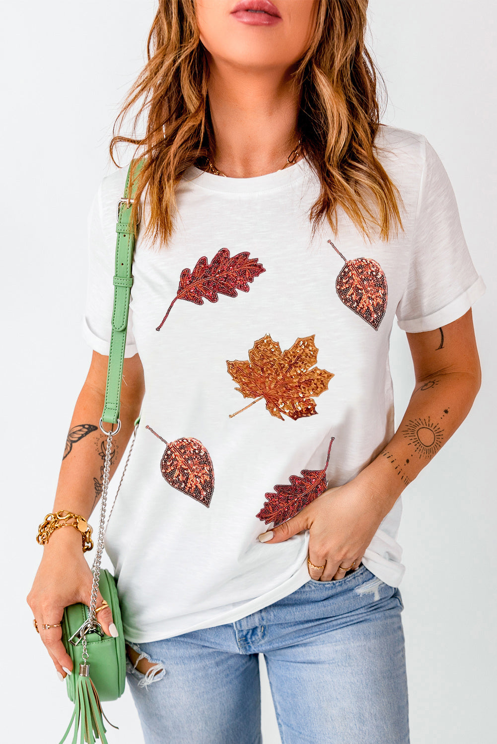 White Sequined Fall Leaves Graphic Crew Neck T Shirt