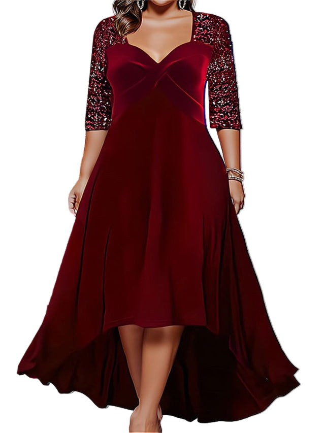 Elegant Sweetheart Neck 3/4 Sequin Sleeve Velvet High Low Midi Dress