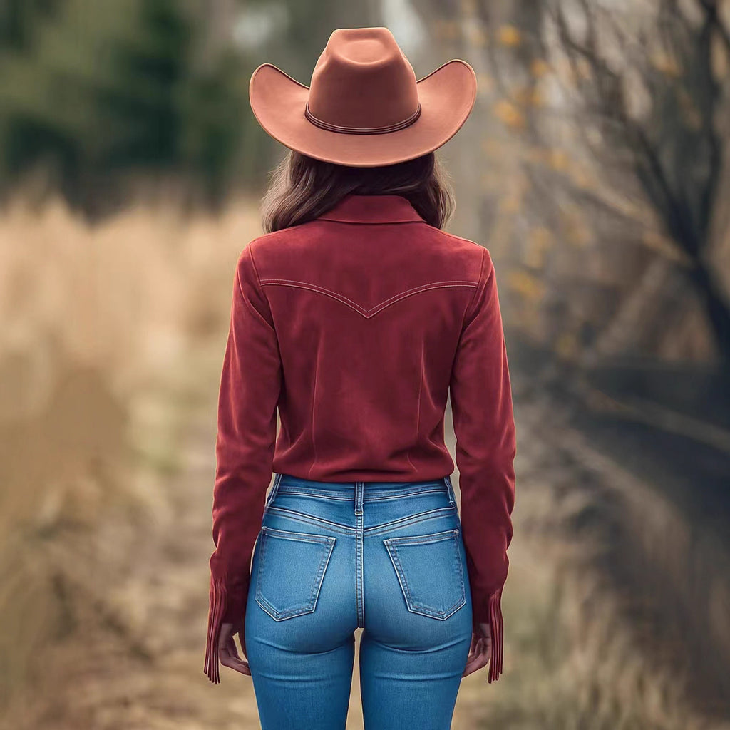 PU Suede Fringe Button Up Long Sleeve Shirt