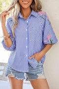 Sky Blue Stripe Embroidered Puff Sleeve Shirt – Lily Floral Button Down Blouse Sky Blue Stripe 75%Polyester+20%Viscose+5%Elastane Dear-Lover Dropshipping Tops/Blouses & Shirts