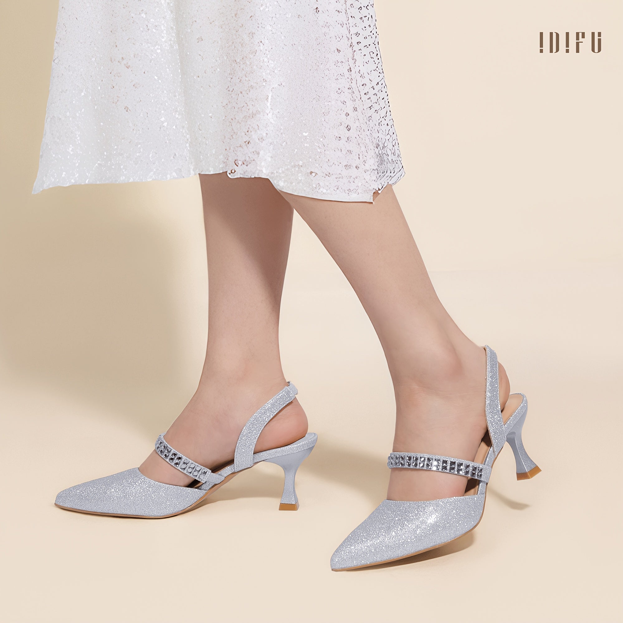 Silver  Elegant Rhinestone-Embellished Pointed Toe Half Heel Strappy Shoes