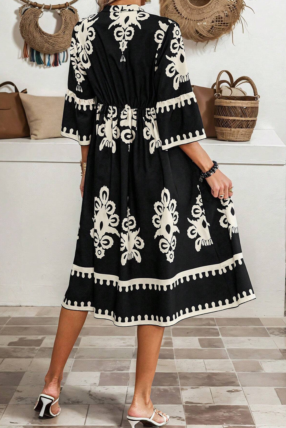 B&W Boho 3/4 Sleeve Loose Midi Dress