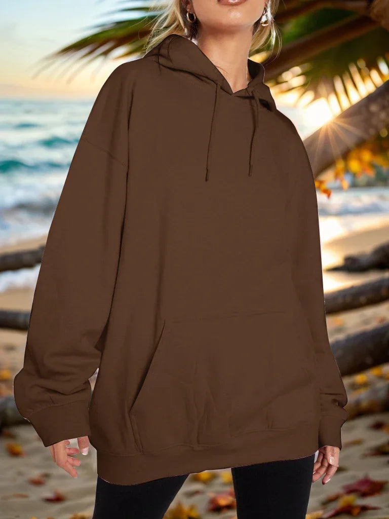 Plain Dropped Shoulder Hoodie Chocolate Trendsi Drawstring Dropped Shoulder Hoodie