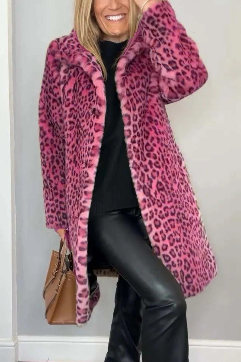 Faux Leopard Print Fur Dress Coat