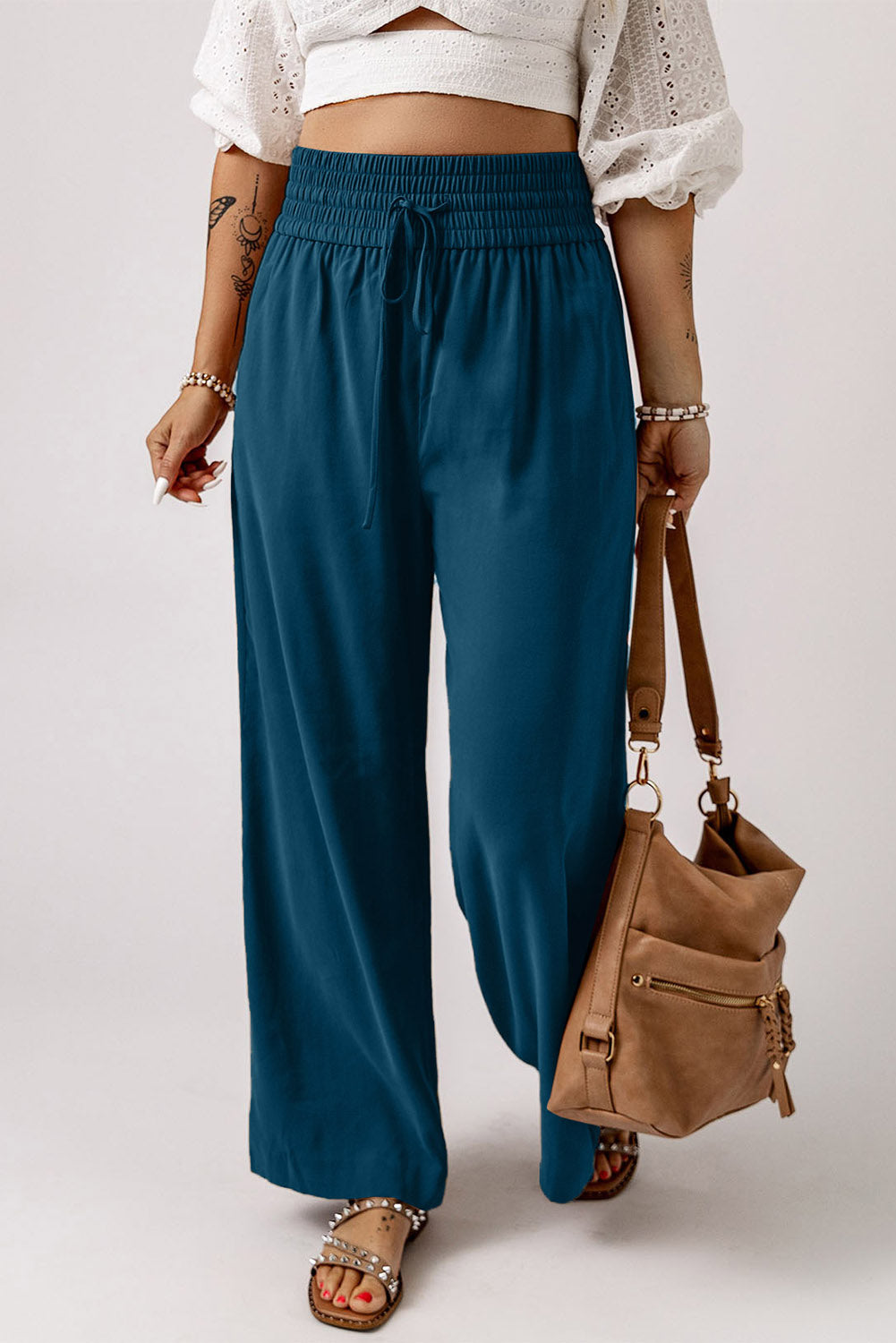 Drawstring Elastic Waist Casual Wide Leg Pants