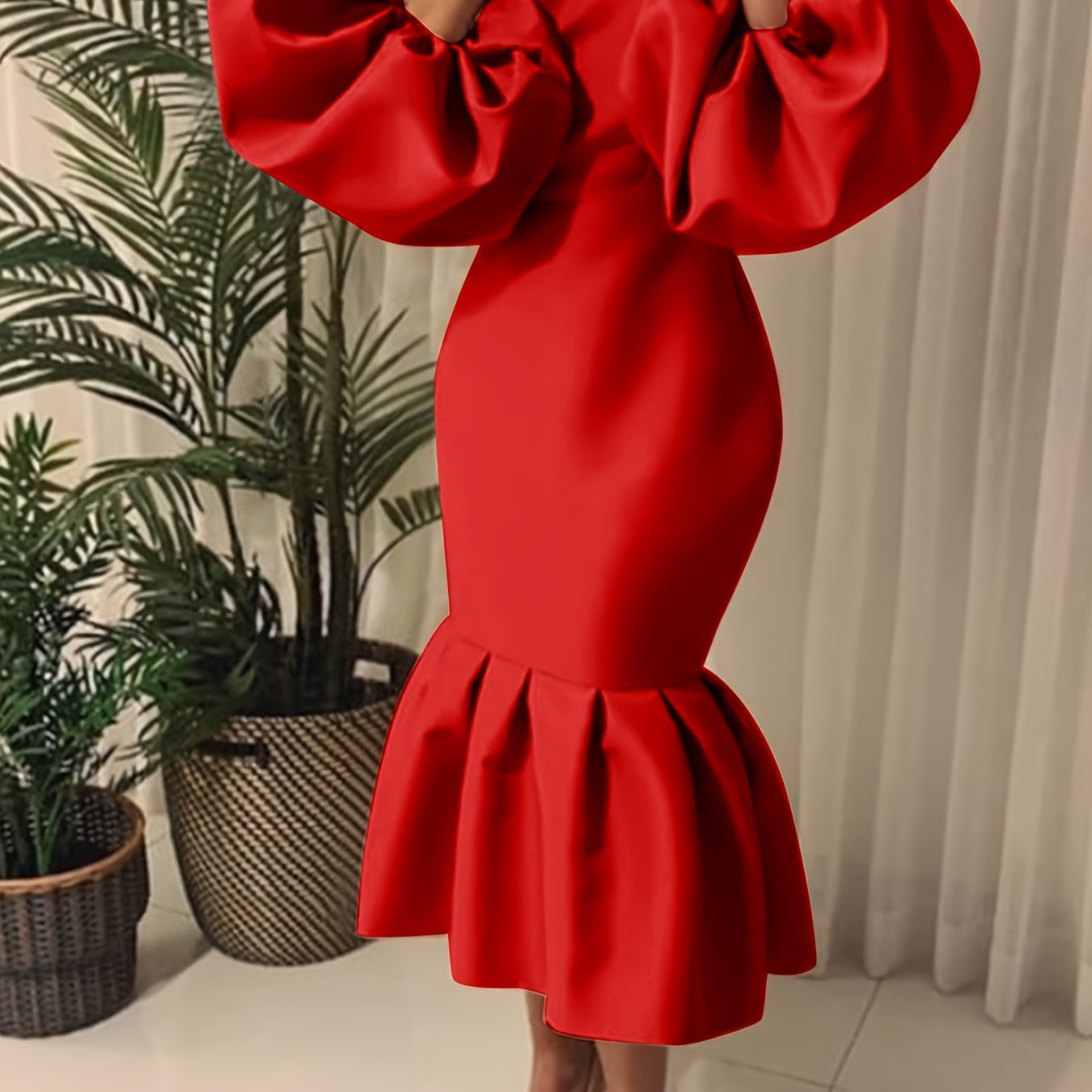 Cowl Neck Balloon Sleeve Mermaid Dress
