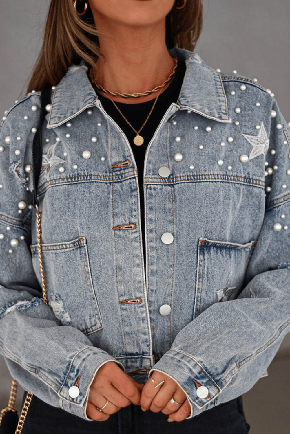 Black Distressed Pearls Star Cropped Denim Jacket