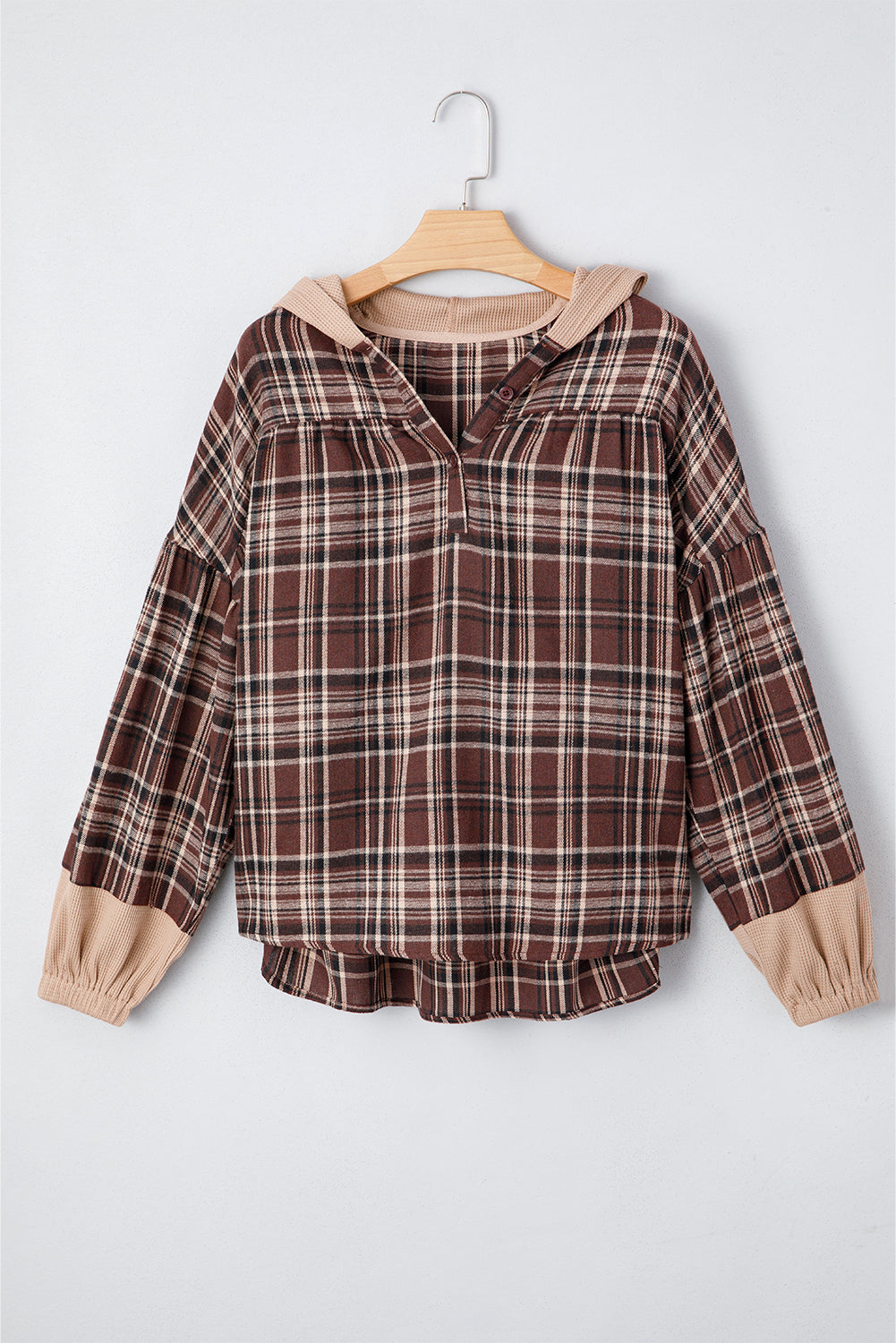 Brown Plaid Long Sleeve Hooded Henley Top