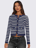 Striped Round Neck Button Up Long Sleeve Cardigan Navy Bazaare Mart Striped Round Neck Button Up Long Sleeve Cardigan