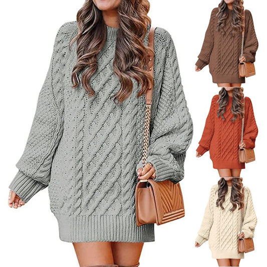 Women's Crew Neck Cable Knit Sweater Mini Dress