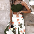 Solid Color Sexy Bralette Top Fashionable Flower Print Contrasting Pleated Pants Two-piece Pants Set White Bazaare Mart Army Green Floral Pants Set