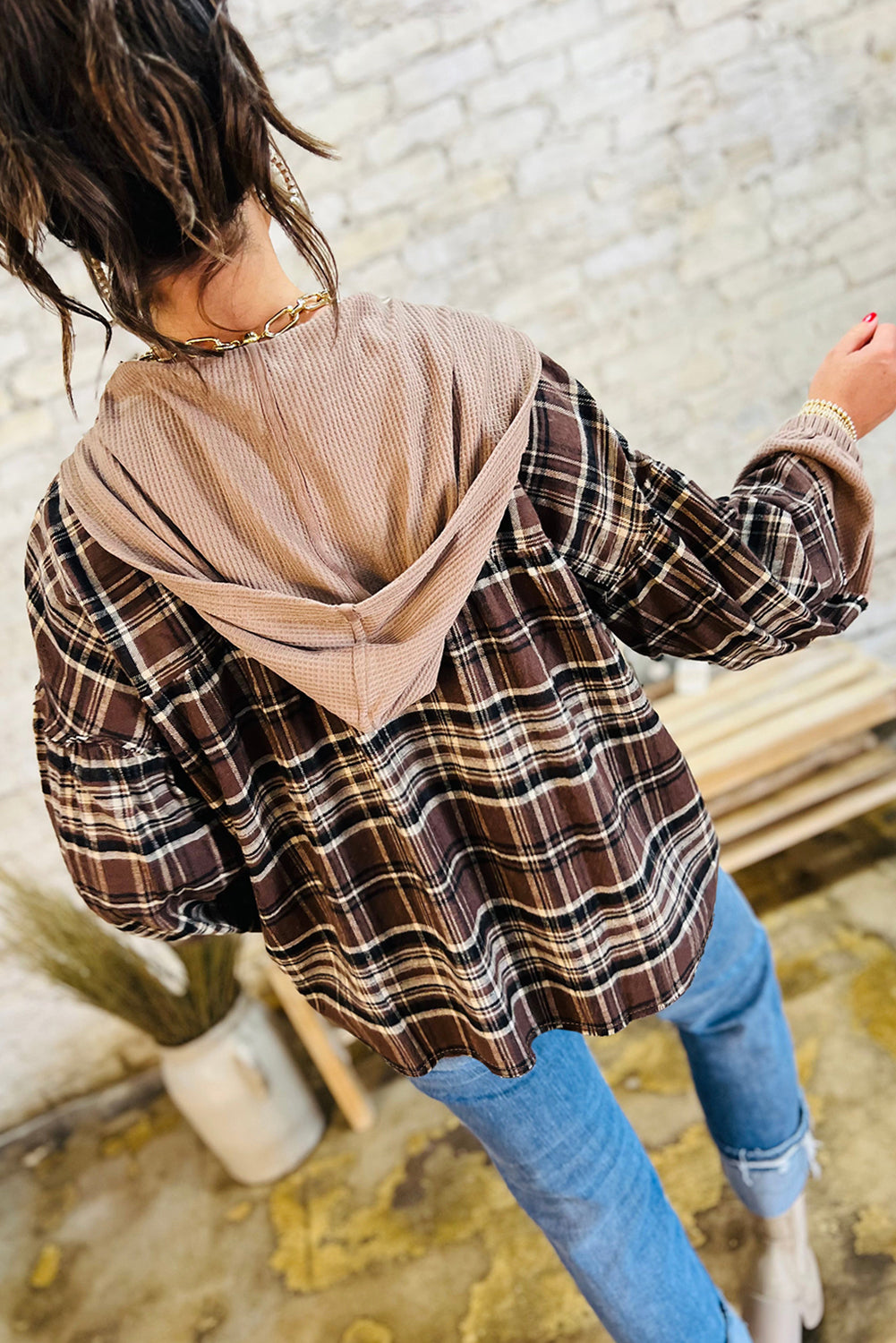Brown Plaid Long Sleeve Hooded Henley Top