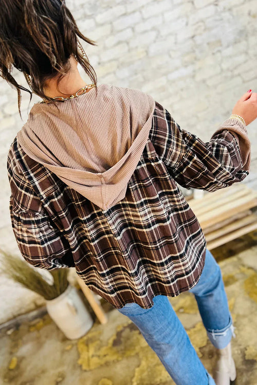 Brown Plaid Long Sleeve Hooded Henley Top Shewin Long Sleeve Tops