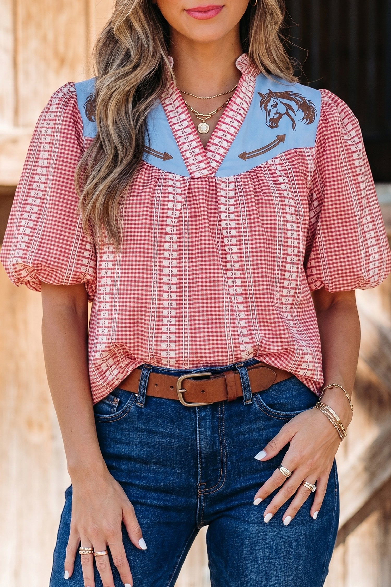Western Horse Embroidered Gingham Blouse – Puff Sleeve Rustic Summer Top Dear-Lover Dropshipping Tops/Blouses & Shirts