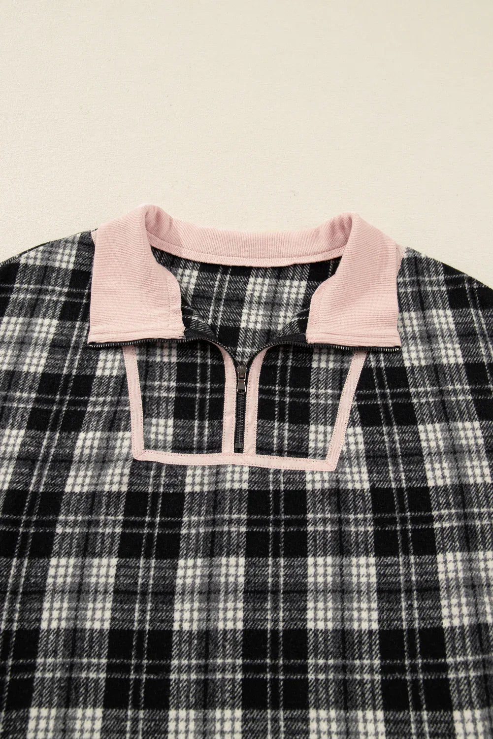 Black Plaid Polo Pink Collar Zip up Contrast Trim Long Sleeve Mini Dress Bazaarre Mart Dresses/Mini Dresses