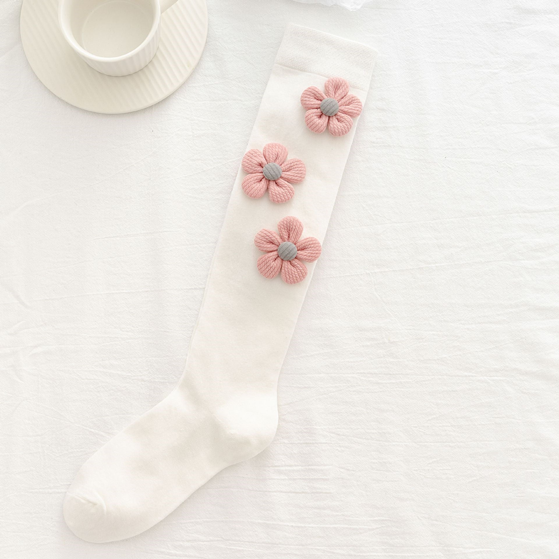 Floral Sequined Bow Knee-High Socks White pink flower One size CJ Dropshipping Floral Socks