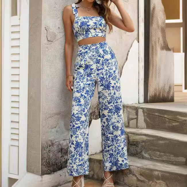 Women’s Rose Print Crop Cami & Wide Leg Pants Set – Elegant Printed Two-Piece Outfit CJ Dropshipping Sleeveless Floral Pants Outfit