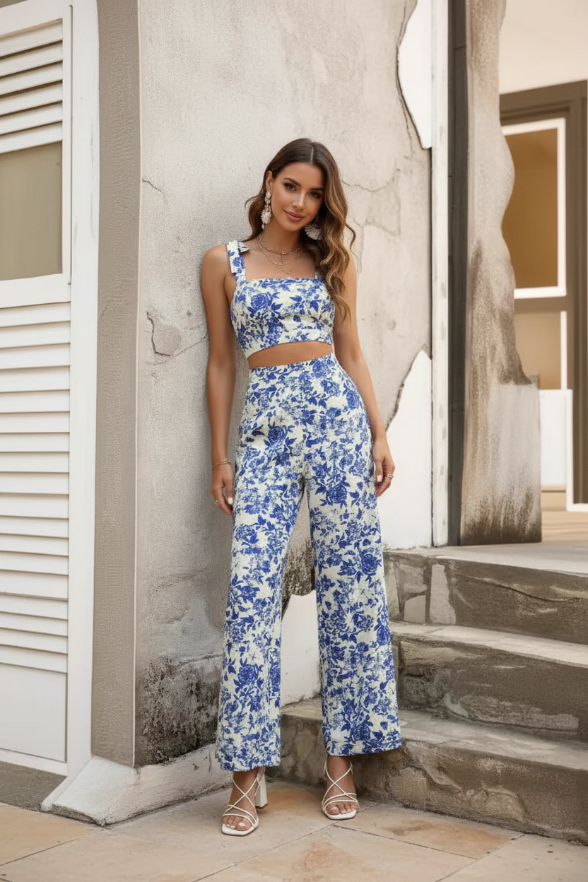 Women’s Rose Print Crop Cami & Wide Leg Pants Set – Elegant Printed Two-Piece Outfit CJ Dropshipping Sleeveless Floral Pants Outfit