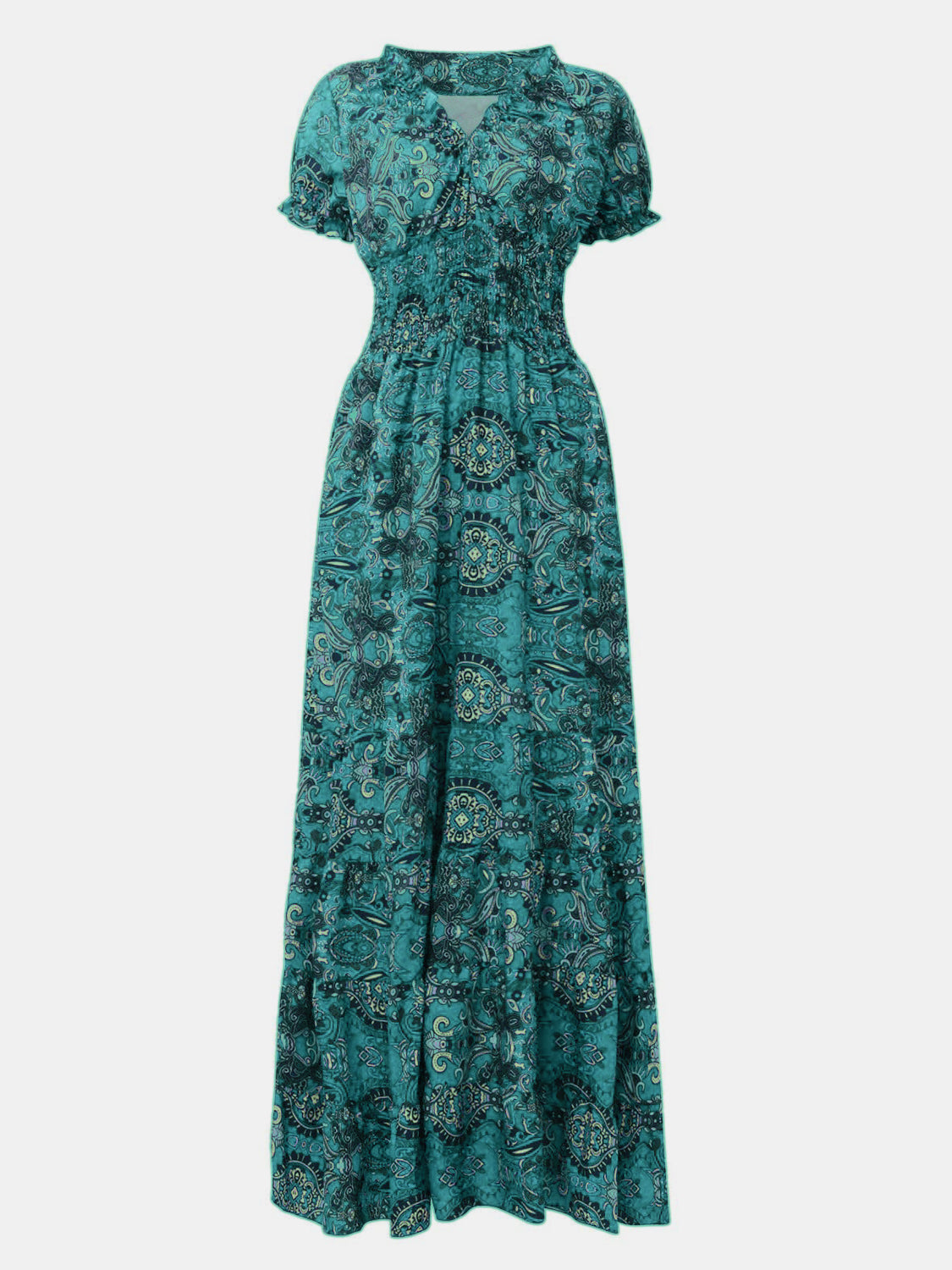 Floral Smocked Printed V-Neck Short Sleeve Maxi Dress